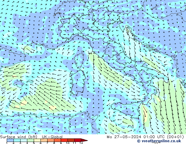 wiatr 10 m (bft) UK-Global pon. 27.05.2024 01 UTC