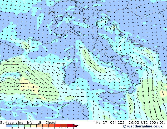 Viento 10 m (bft) UK-Global lun 27.05.2024 06 UTC