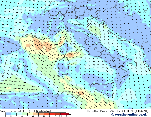 Surface wind (bft) UK-Global Th 30.05.2024 06 UTC