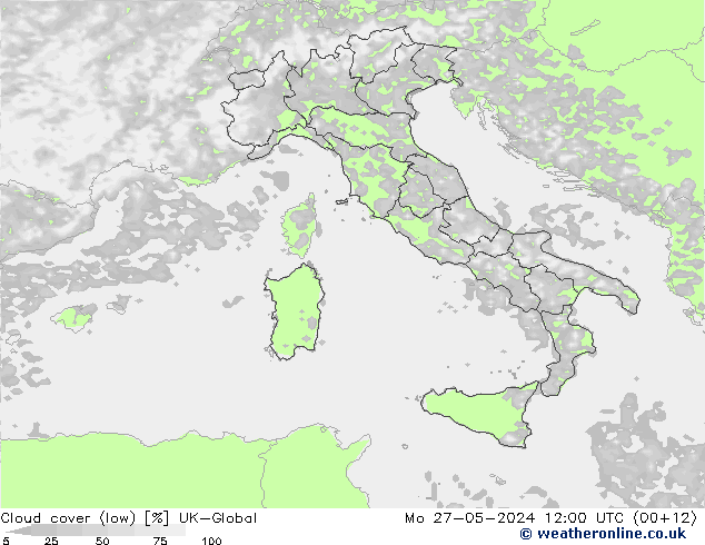 Cloud cover (low) UK-Global Mo 27.05.2024 12 UTC