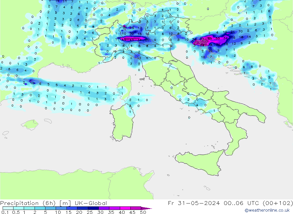 Yağış (6h) UK-Global Cu 31.05.2024 06 UTC