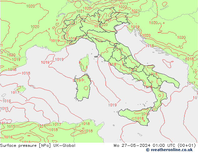 Surface pressure UK-Global Mo 27.05.2024 01 UTC