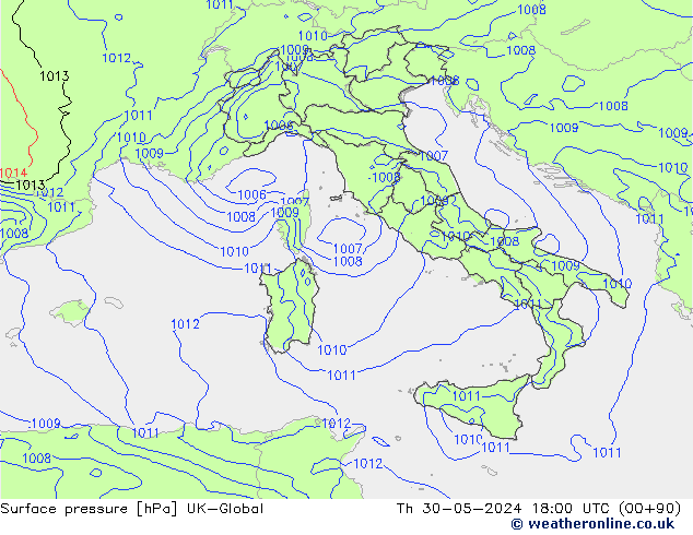 Pressione al suolo UK-Global gio 30.05.2024 18 UTC