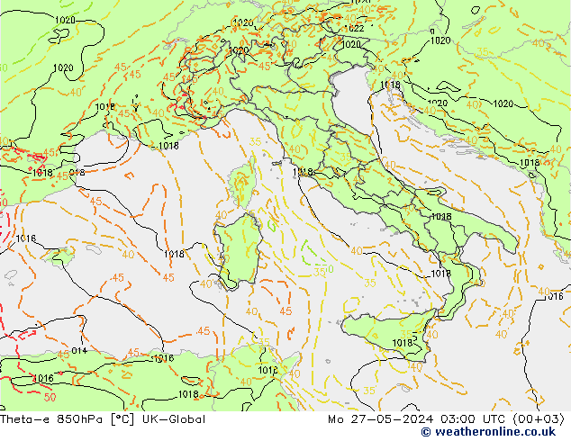 Theta-e 850hPa UK-Global Pzt 27.05.2024 03 UTC