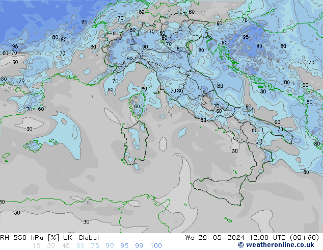 Humedad rel. 850hPa UK-Global mié 29.05.2024 12 UTC