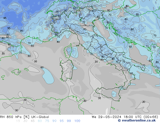 RH 850 гПа UK-Global ср 29.05.2024 18 UTC