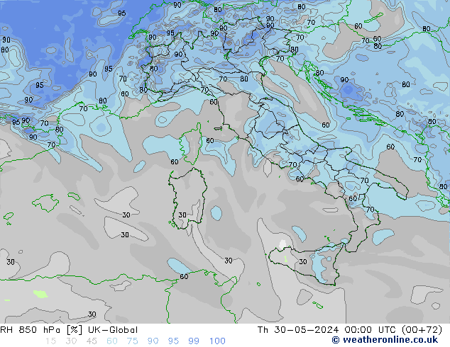 RH 850 гПа UK-Global чт 30.05.2024 00 UTC