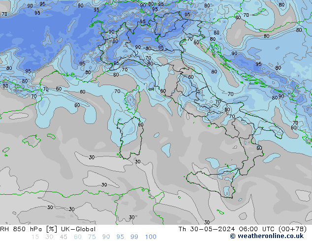 RH 850 hPa UK-Global Th 30.05.2024 06 UTC