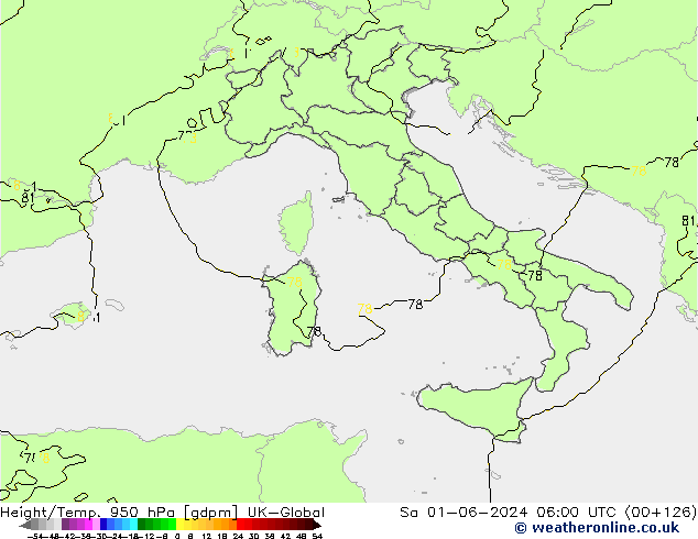 Hoogte/Temp. 950 hPa UK-Global za 01.06.2024 06 UTC