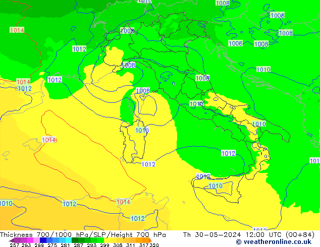 Thck 700-1000 hPa UK-Global czw. 30.05.2024 12 UTC