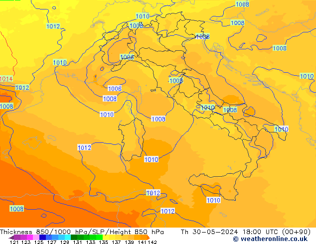 Thck 850-1000 hPa UK-Global czw. 30.05.2024 18 UTC