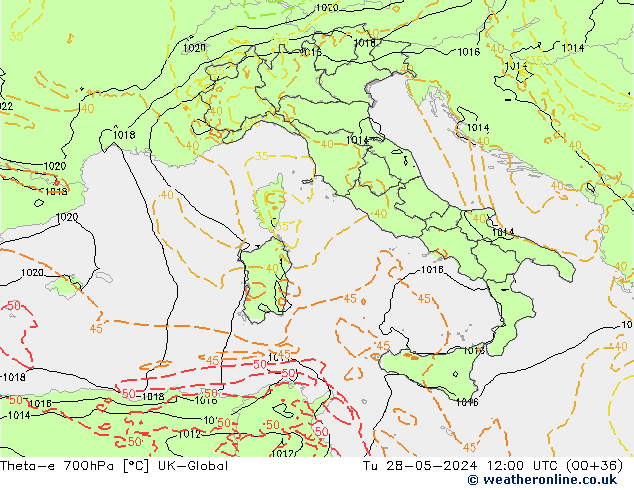 Theta-e 700hPa UK-Global mar 28.05.2024 12 UTC