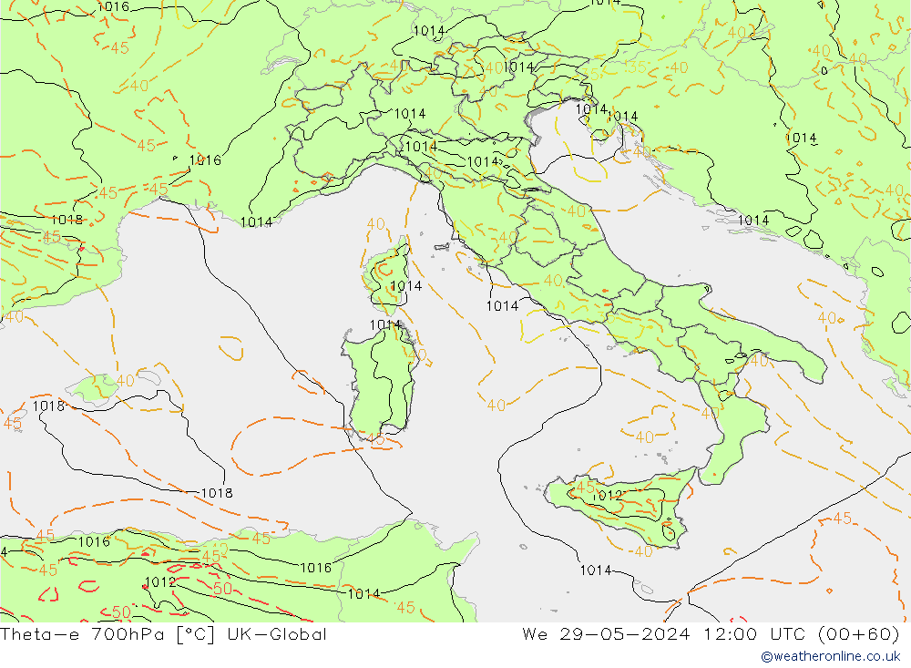 Theta-e 700hPa UK-Global mié 29.05.2024 12 UTC
