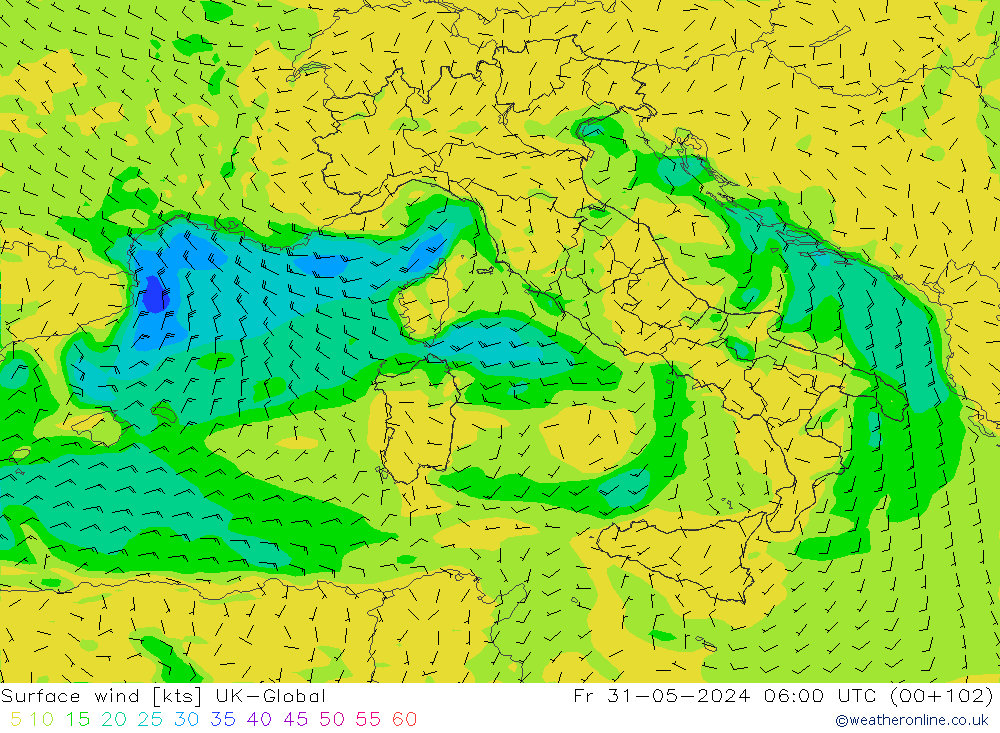 Viento 10 m UK-Global vie 31.05.2024 06 UTC