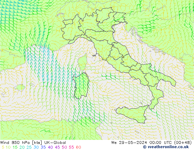 Vento 850 hPa UK-Global mer 29.05.2024 00 UTC