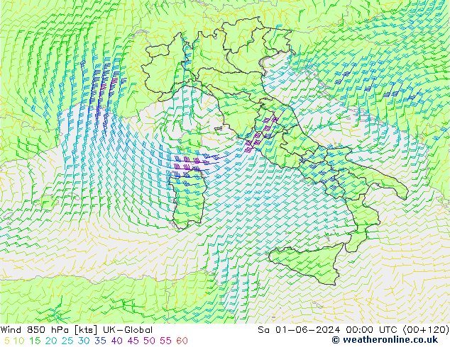 Vento 850 hPa UK-Global Sáb 01.06.2024 00 UTC