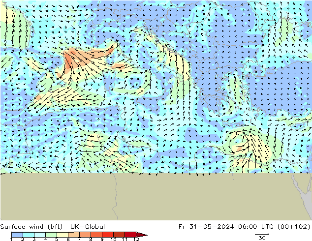 Wind 10 m (bft) UK-Global vr 31.05.2024 06 UTC