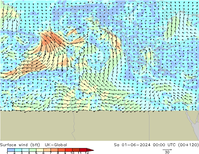 Surface wind (bft) UK-Global Sa 01.06.2024 00 UTC