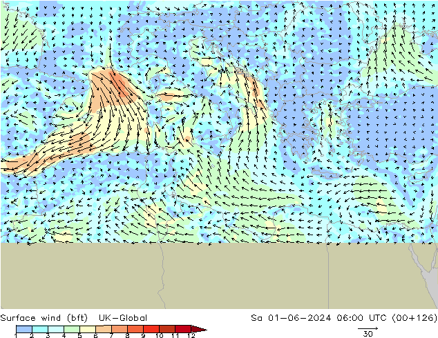 Wind 10 m (bft) UK-Global za 01.06.2024 06 UTC