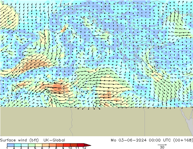 Wind 10 m (bft) UK-Global ma 03.06.2024 00 UTC