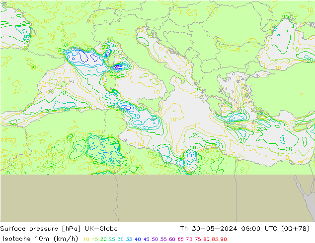 Isotachs (kph) UK-Global  30.05.2024 06 UTC