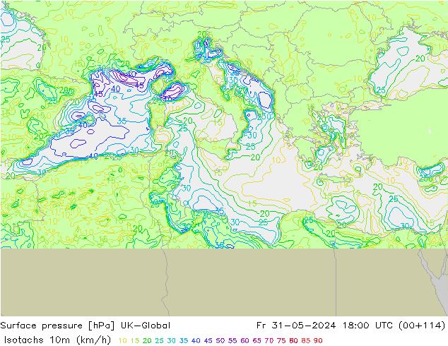 Isotachs (kph) UK-Global Fr 31.05.2024 18 UTC