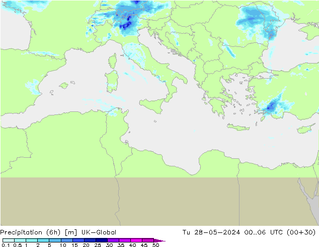 Totale neerslag (6h) UK-Global di 28.05.2024 06 UTC