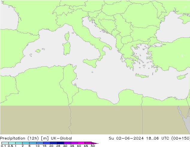 Precipitation (12h) UK-Global Su 02.06.2024 06 UTC