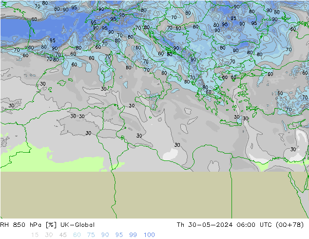 RH 850 hPa UK-Global  30.05.2024 06 UTC