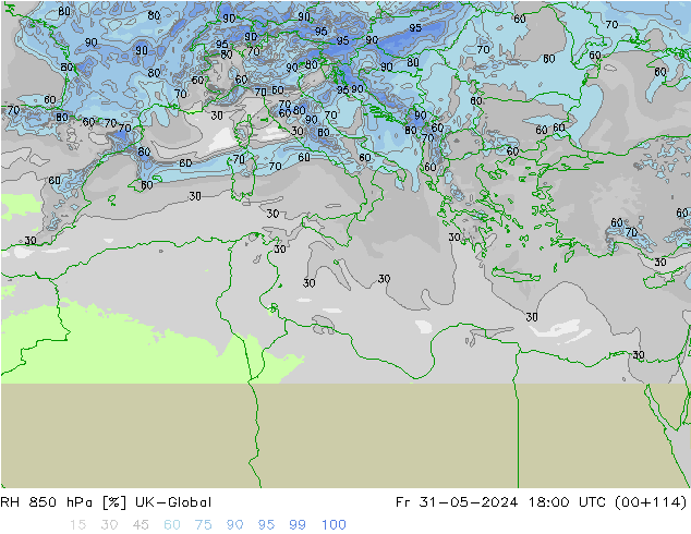 RH 850 hPa UK-Global Fr 31.05.2024 18 UTC