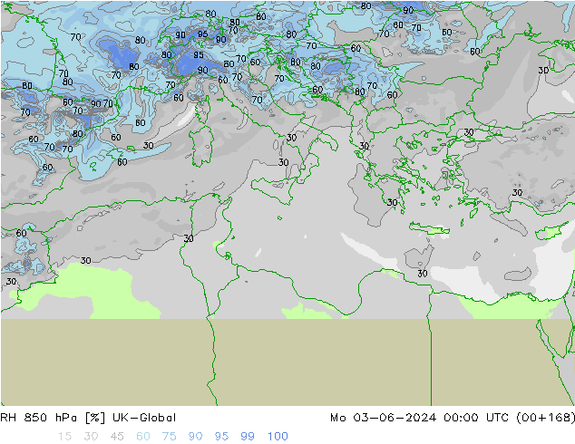 RH 850 hPa UK-Global lun 03.06.2024 00 UTC