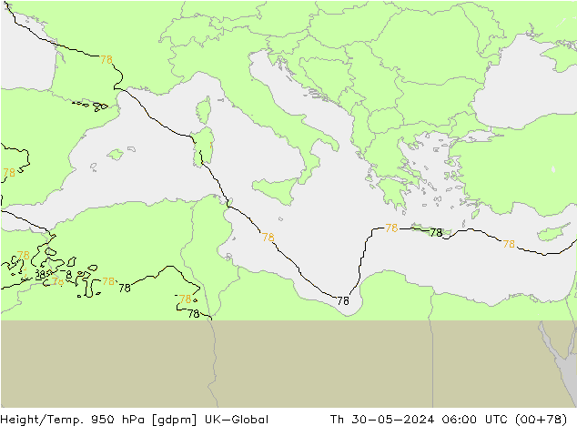 Height/Temp. 950 hPa UK-Global Qui 30.05.2024 06 UTC