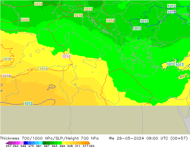 700-1000 hPa Kalınlığı UK-Global Çar 29.05.2024 09 UTC