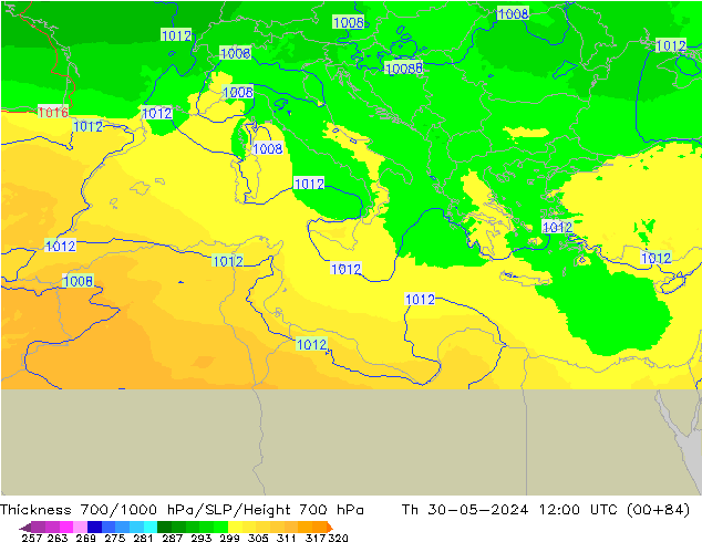 Thck 700-1000 hPa UK-Global czw. 30.05.2024 12 UTC