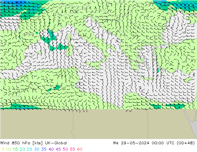 Wind 850 hPa UK-Global St 29.05.2024 00 UTC