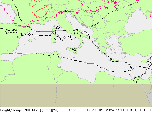 Géop./Temp. 700 hPa UK-Global ven 31.05.2024 12 UTC