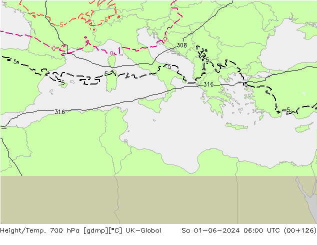 Height/Temp. 700 hPa UK-Global sab 01.06.2024 06 UTC