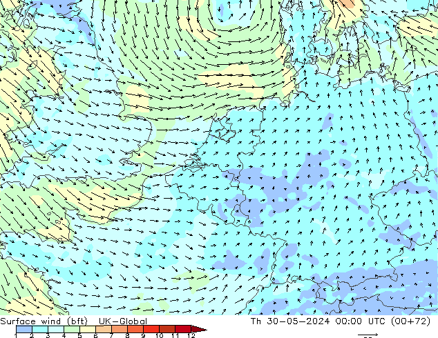 Wind 10 m (bft) UK-Global do 30.05.2024 00 UTC