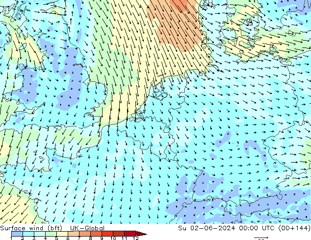 Vento 10 m (bft) UK-Global Dom 02.06.2024 00 UTC