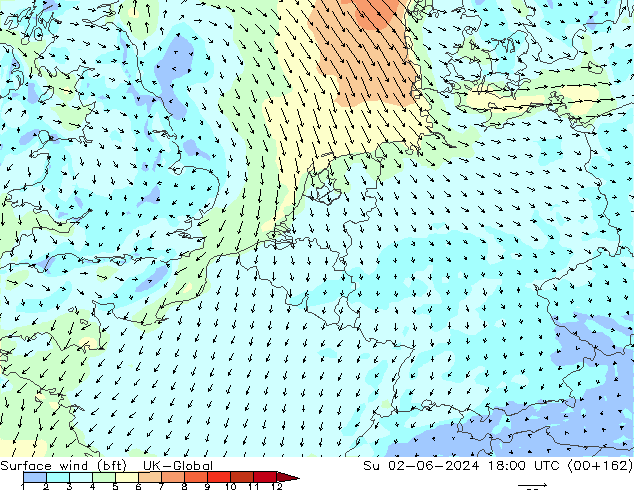 Surface wind (bft) UK-Global Su 02.06.2024 18 UTC