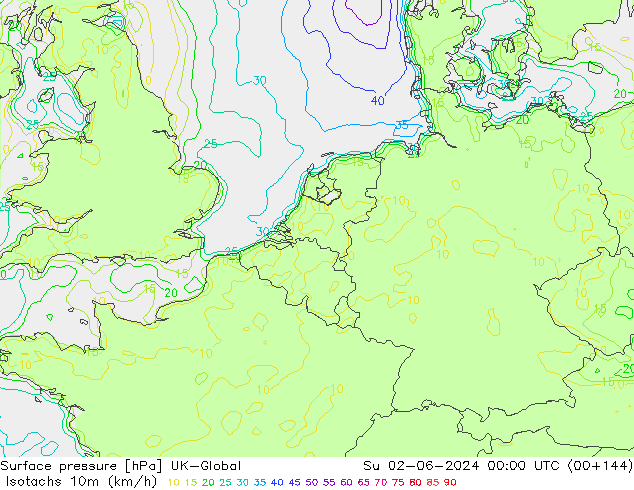 Isotachs (kph) UK-Global Su 02.06.2024 00 UTC