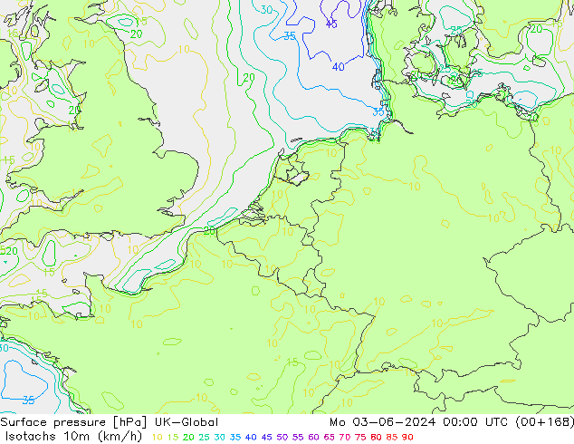 Izotacha (km/godz) UK-Global pon. 03.06.2024 00 UTC