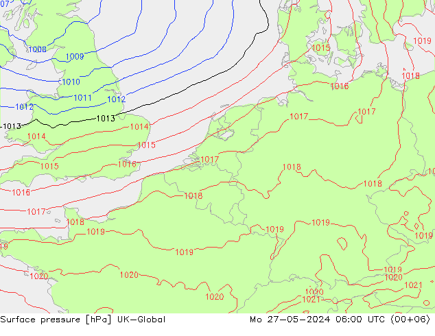 Surface pressure UK-Global Mo 27.05.2024 06 UTC