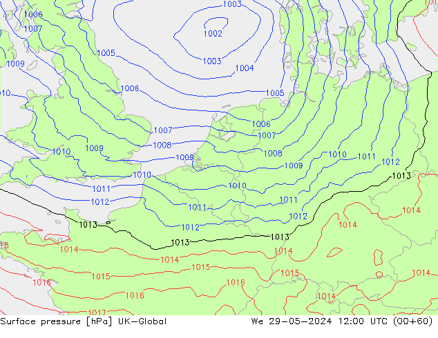 Presión superficial UK-Global mié 29.05.2024 12 UTC