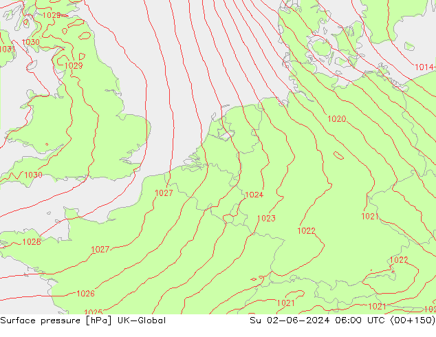 Surface pressure UK-Global Su 02.06.2024 06 UTC