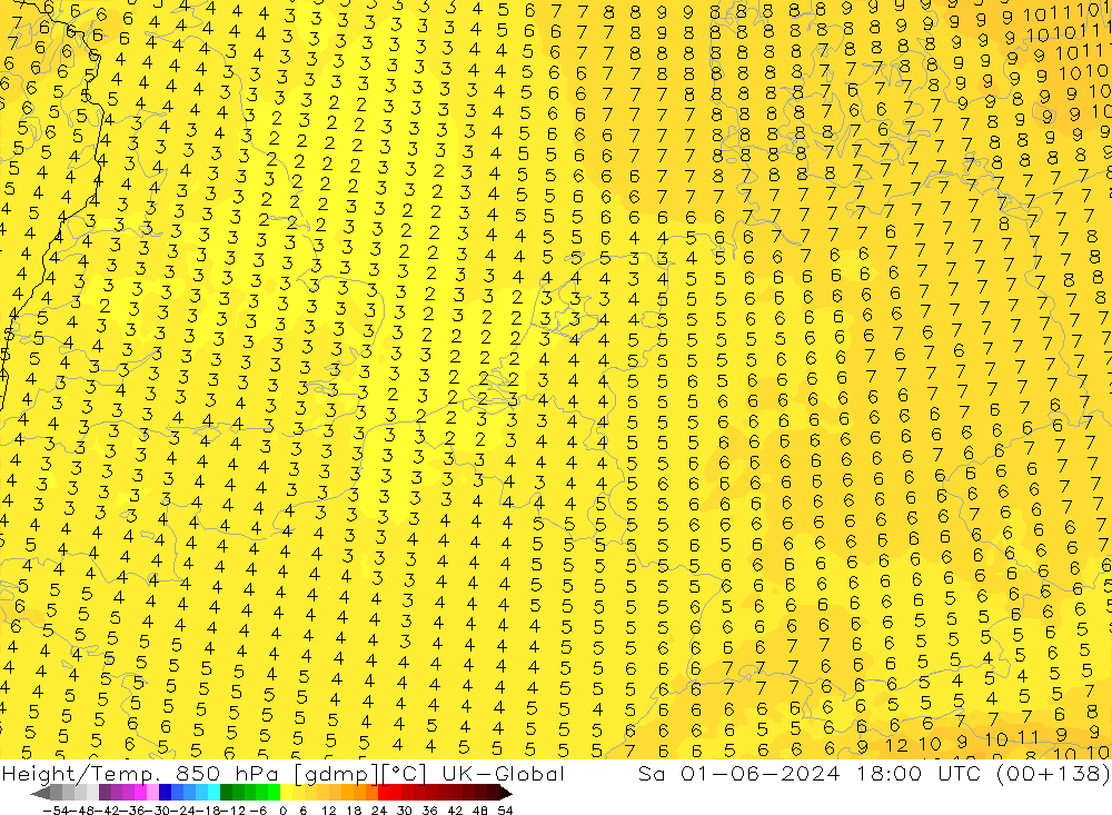 Height/Temp. 850 hPa UK-Global so. 01.06.2024 18 UTC