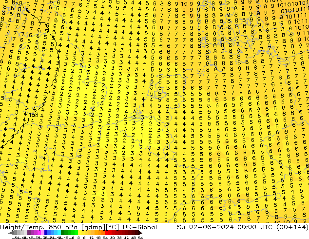 Height/Temp. 850 hPa UK-Global Su 02.06.2024 00 UTC