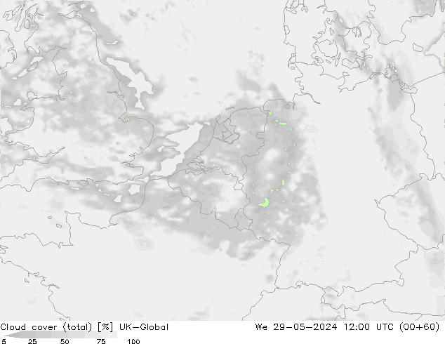 Cloud cover (total) UK-Global We 29.05.2024 12 UTC