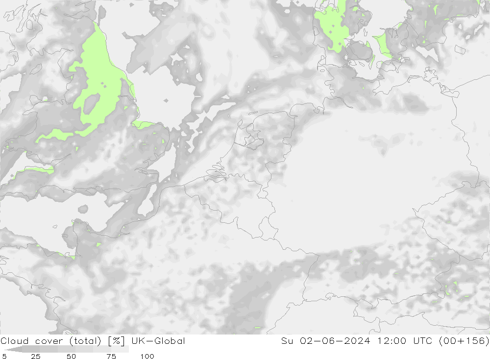 Cloud cover (total) UK-Global Su 02.06.2024 12 UTC