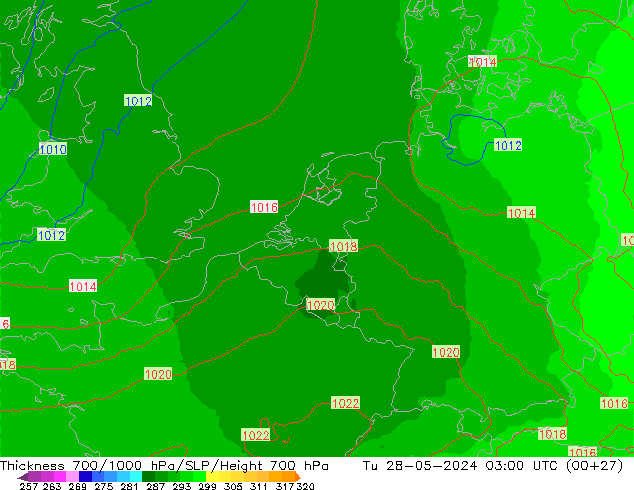 Espesor 700-1000 hPa UK-Global mar 28.05.2024 03 UTC